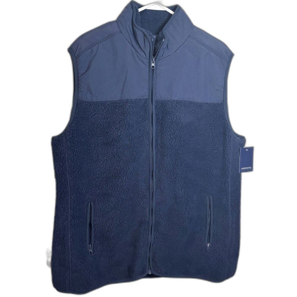 Crown & Ivy NWT Sherpa Fleece Vest Navy Blue Size L